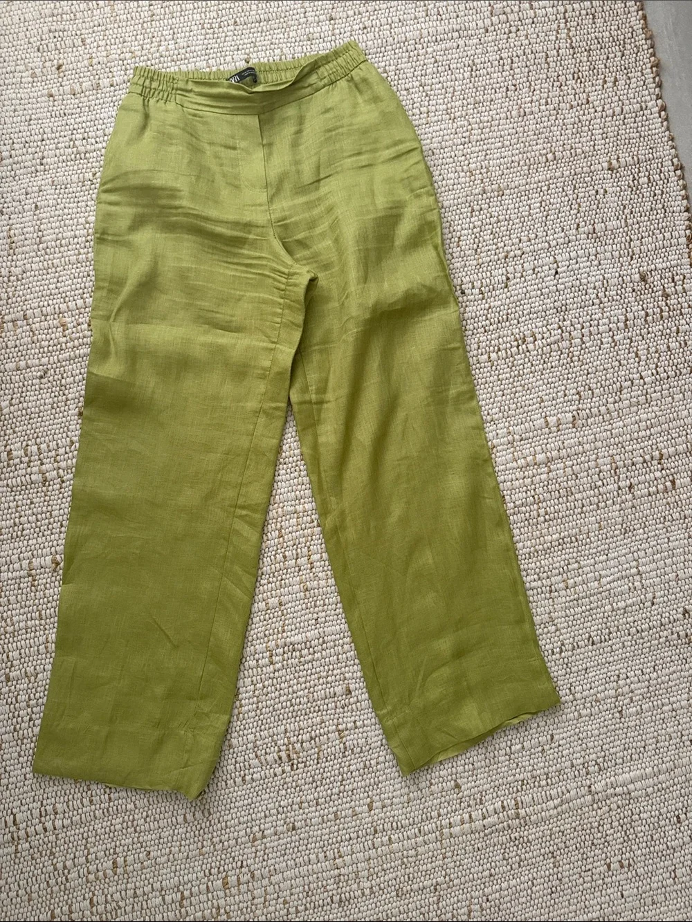 Zara Olive Green Linen Elastic-Waist Pants